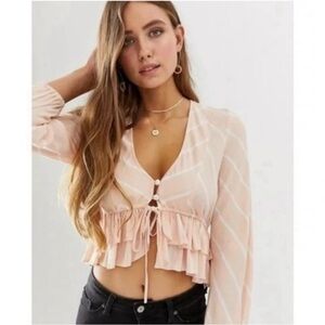 Free People Samifran‎ Ruffle Button Down Top Sz L Orange Peach Cropped Boho Pink